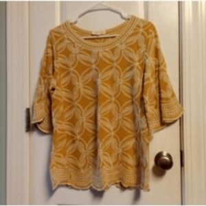 Anthropology Solitaire Yellow  White Pattered Women's Top Embroidery Bell Sleeve